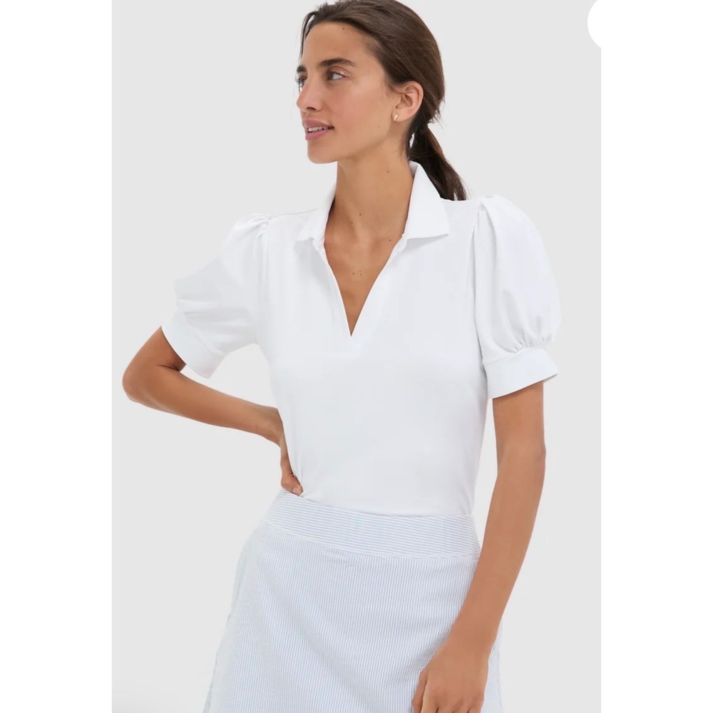 Tuckernuck Polo Top Womens Large White Preppy Puff Sleeve V-Neck Activewear Golf